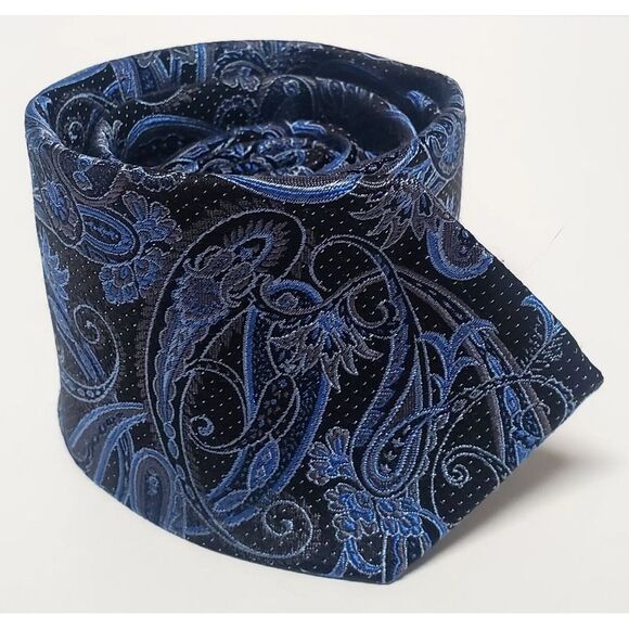 Pronto Uomo Necktie Black, Blue, and Taupe Paisley Printed Narrow 100% Silk Tie - Picture 4 of 11